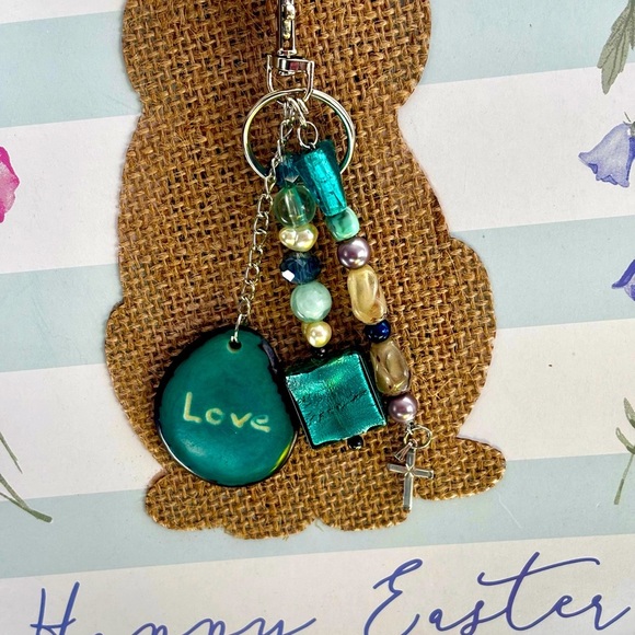 Upcycled jewelry Colorful Beaded bag charm with Love  and cross Charm - Picture 2 of 9
